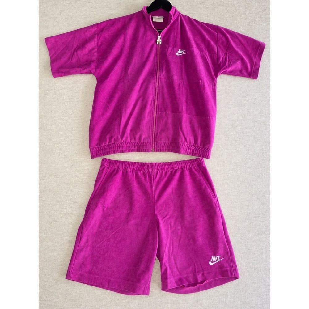 Vintage 90s Nike Warm Up Tracksuit Set Pink Magenta USA Made Jacket Shorts Small - Picture 2 of 16